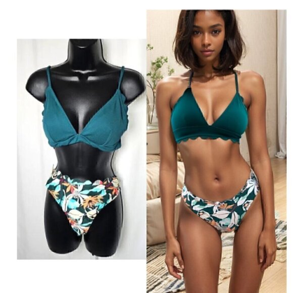 17.🆕Med Cupshe Bikini Swimsuit With V Neck Lace Up Top And  Low Waisted Bottom - Picture 1 of 6